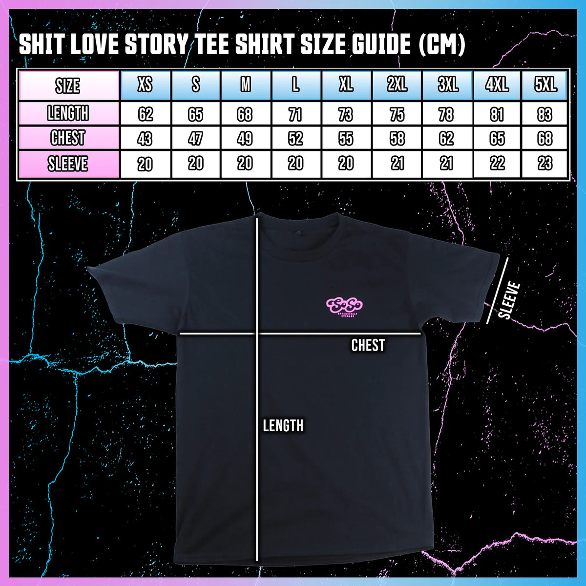 Black t-shirt with a logo and text, size chart on a dark background